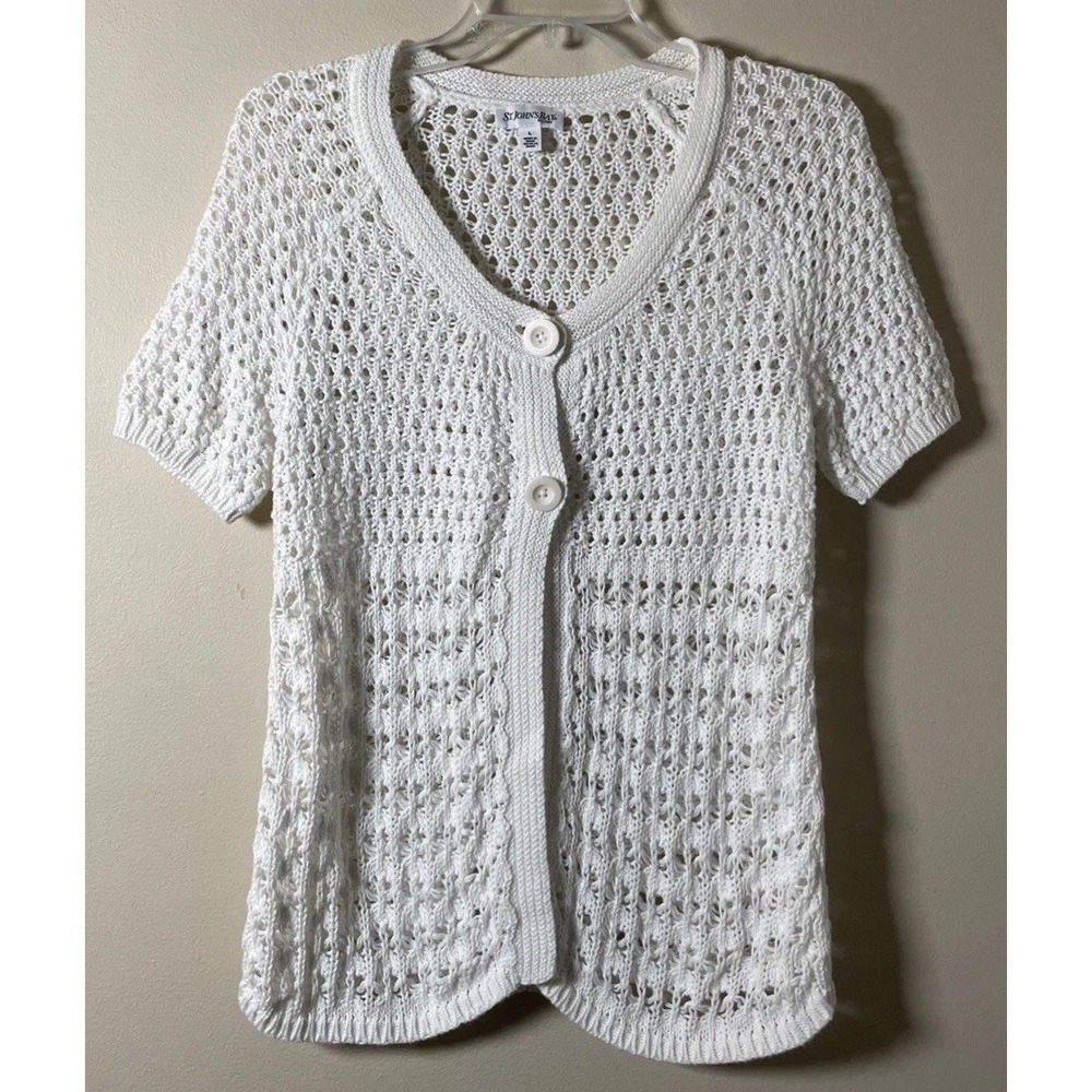 St, John's Bay Women's White Short Sleeves Crochet Open Knit Cardigan Size Large